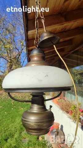 Масивен старинен месингов полилей с голяма куполна стъкленица , снимка 6 - Полилеи - 52805982