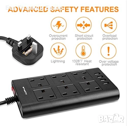 Нов UK Мултиразклонител 6 AC + 4 USB, защита от пренапрежение, 2 мeтра кабел, снимка 2 - Друга електроника - 52464188