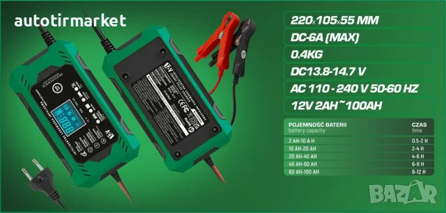 Зарядно устройство за акумулатор 6А , 12V – Rockforce RF100AH, снимка 2 - Аксесоари и консумативи - 56054511