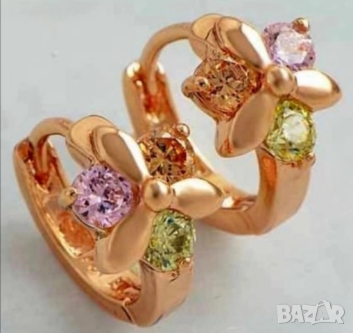 Прекрасни обеци цвете 9к розово попълнено злато с разноцветни цирконии 15 лв., снимка 4 - Обеци - 51766688