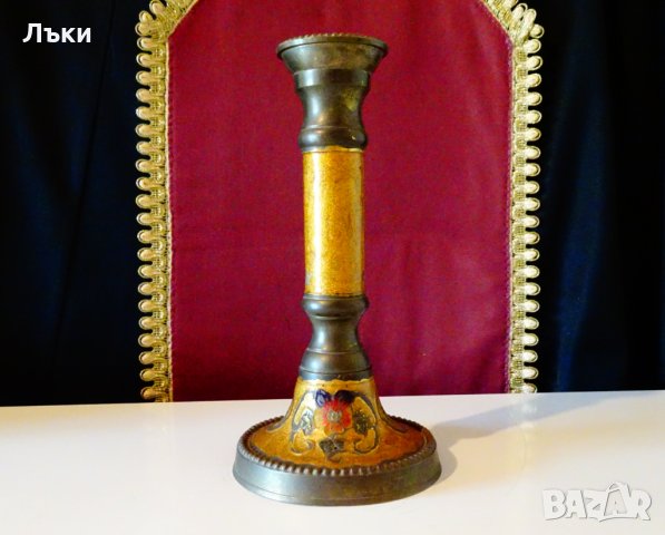 Старинен бронзов свещник,емайл. , снимка 3 - Антикварни и старинни предмети - 30562947