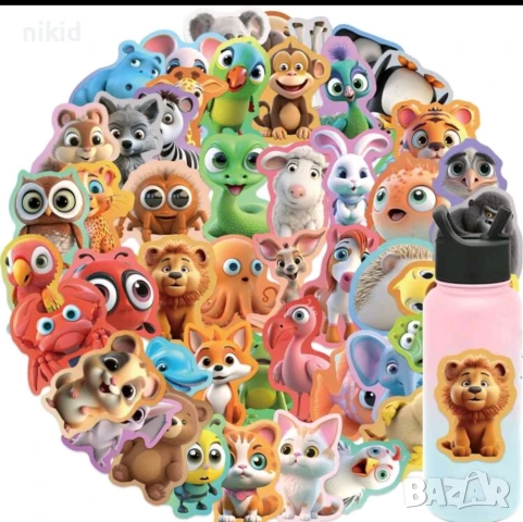 50 бр животни пъстри цветове самозалепващи лепенки стикери украса картонена торта, снимка 3 - Други - 51268530