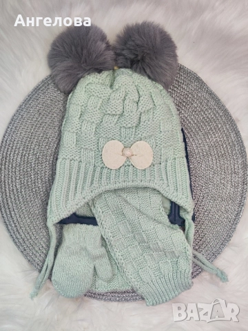 Зимен комплект шапка, шал и ръкавички за момиче зайче 0-18м, снимка 8 - Бебешки шапки - 38558547