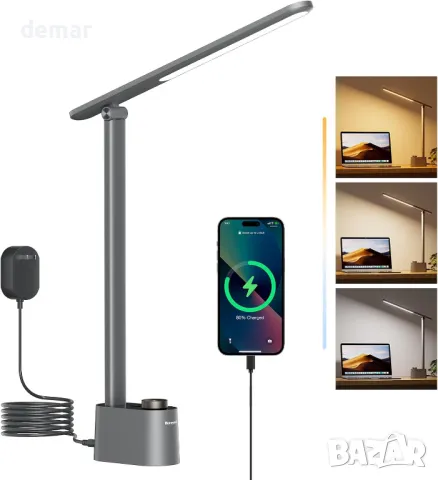 Honeywell LED настолна лампа с USB портове за зареждане, H01 безстепенно димиране, сива