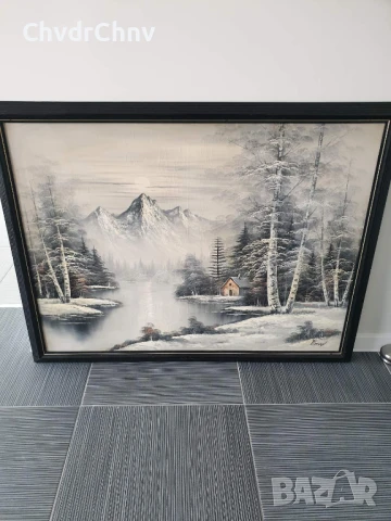 132х102см/стара голяма картина масло върху платно/зимен пейзаж/къща-езеро-планина/дървена рамка