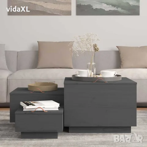 vidaXL Кутии за съхранение с капаци 3 бр сиви борова дървесина масив, снимка 3 - Кутии за съхранение - 56147949