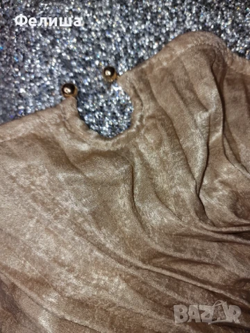 Дълга Уникална Рокля в Пясъчно Светло Злато Солей с Метален Златен Елемент, снимка 7 - Рокли - 51092896