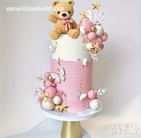 Фигурка мече с розова панделка топчета бели розови златисти декорация на торта 