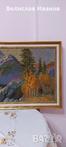 Антикварен гоблен планински пейзаж в перфектно състояние. , снимка 3 - Гоблени - 50245224