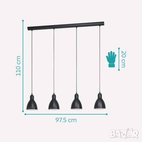 Висяща Лампа/Пендел, Винтидж/Индустриален Дизайн, Черно/Бяло, 4 x E27, Eglo Priddy 4-flame Pendant!, снимка 4 - Лампи за таван - 52123594