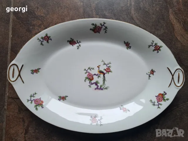 голямо елипсовидно порцеланово плато с цветя и райски птици  Limoges 8/5