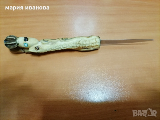 Нож с резбована дръжка чемшир бронз камъни, снимка 2 - Ножове - 52647032