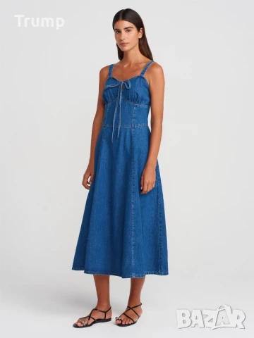 Елегантна Дълга дънкова рокля с плисета на гърдите -, снимка 3 - Рокли - 50523155