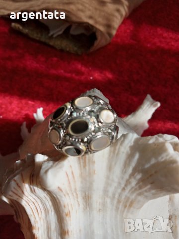 Масивен сребърен пръстен със седеф, оникс и маркизети, снимка 7 - Пръстени - 36690338