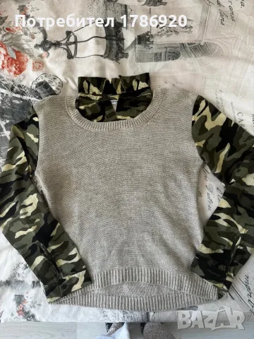 Дамски пуловер с камуфлажни ръкави - ефект "риза с елек"