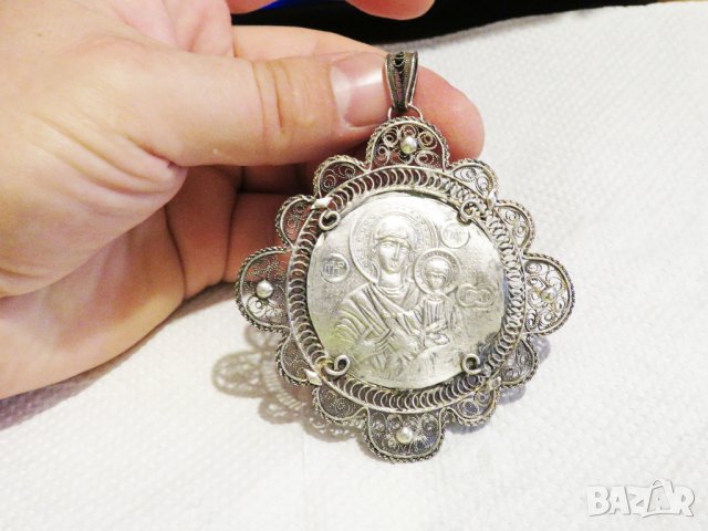 Възрожденска Сребърна икона, амулет, накит, медальон с Богородица, Дева Мария - Панагия 70 мм Сребро, снимка 7 - Антикварни и старинни предмети - 30339453