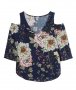 Тъмносиня риза на цветя с остро деколте и отворени рамене , снимка 1 - Ризи - 37695519