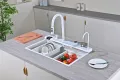 Бяла мултифункционална кухненска мивка с регулируем двоен водопад, снимка 1