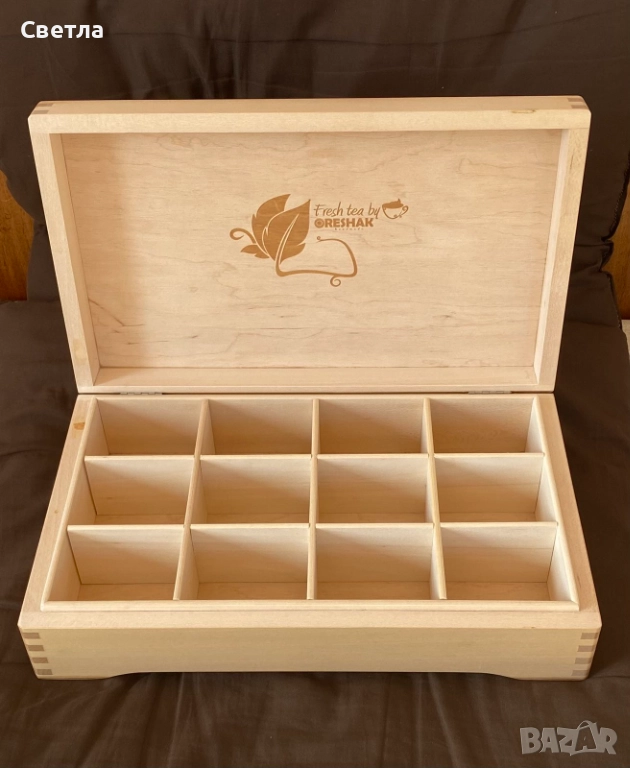 КУТИЯ ЗА ЧАЙ, ръчна изработка от ЛИПА, НОВА,Стилен дизайн, с дванадесет секции, за съхранение , снимка 1