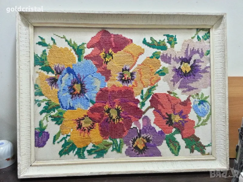 Стар ръчно ушит гоблен в рамка 67/52см , снимка 1