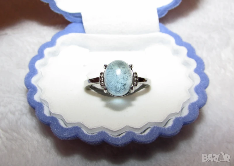 Пръстен с аквамарин, регулираща се халка, подходящ за подарък, снимка 1