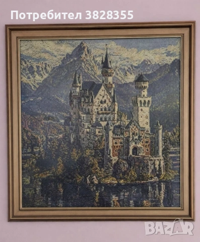 Замък в езеро — авторска бродерия 40×40 см | Готова с рамка