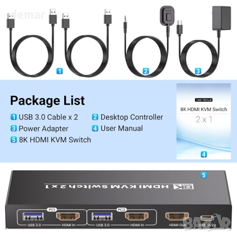 HDMI KVM превключвател 1 монитор 2 компютъра, 8K60Hz 4K120Hz USB 3.0, снимка 7 - Кабели и адаптери - 51453164