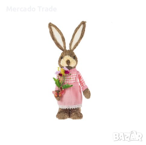 Великденско декоративно Зайче Mercado Trade, Розова карирана рокля, 50см, снимка 2 - Декорация за дома - 44463721