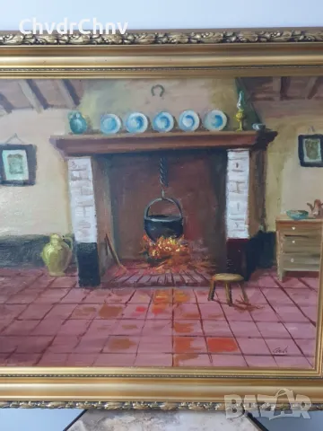 Ceuls 74х67см/стара картина масло върху платно/натюрморт-стая-камина/дървена рамка, снимка 2 - Картини - 49183872