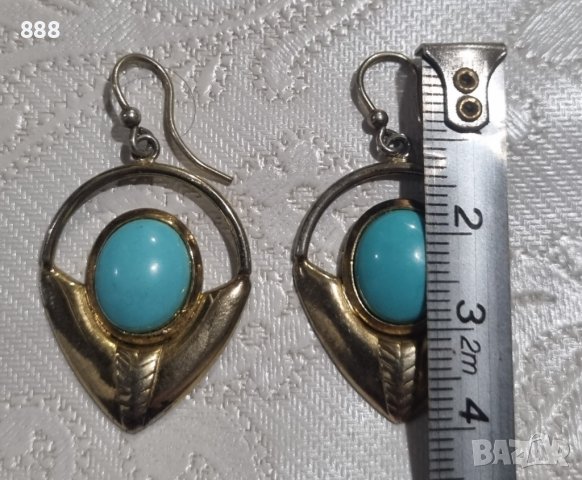 Vintage сребърни обеци с тюркоази и позлата , снимка 5 - Обеци - 44185247