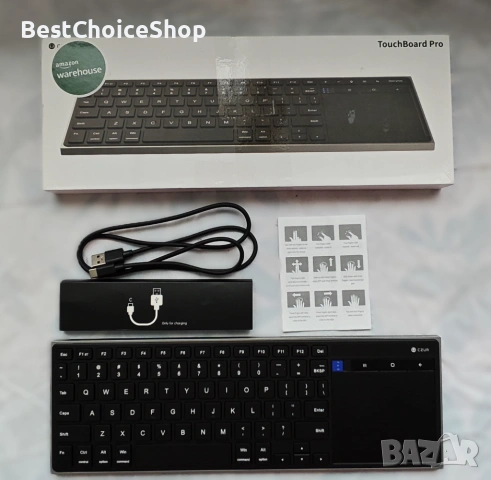 Безжична клавиатура, Bluetooth с тъчпад, съвместима с Windows, MacOS, iOS и Android, QWERTY - черна