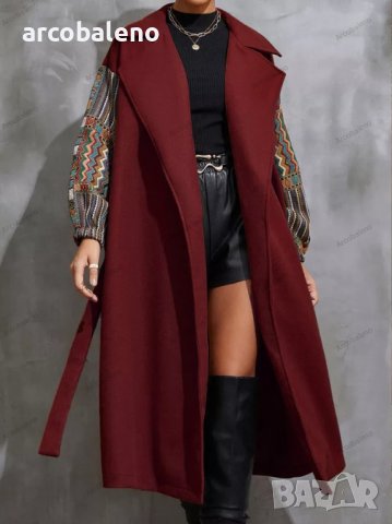 Дамско палто с дълга яка, пачуърк ръкави и връзка на талията отпред, 2цвята - 023