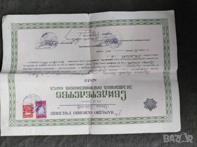 Продавам стар документ Свидетелство от основно училище " Христо Ботев" София 1937