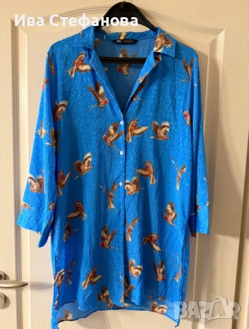 Wow нова синя на птици дълга елегантна риза zara Zara Зара 