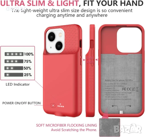 Калъф с батерия BOPPS за iPhone 15/15 Pro, 7000mAh, Черен; Червен, снимка 6 - Калъфи, кейсове - 50688481