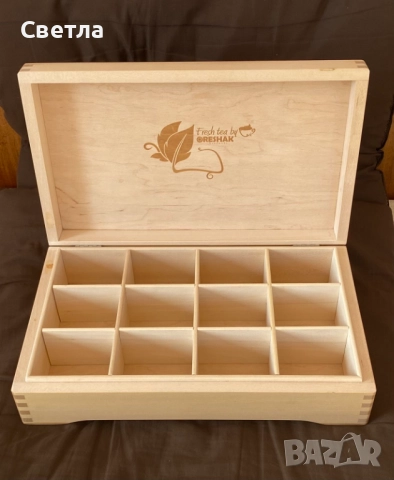 КУТИЯ ЗА ЧАЙ, ръчна изработка от ЛИПА, НОВА,Стилен дизайн, с дванадесет секции, за съхранение 
