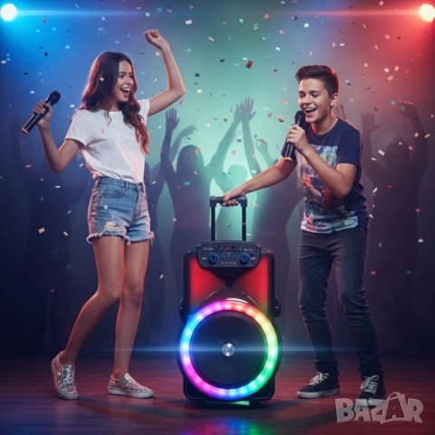 Караоке тонколона 12" BT-1218 с Bluetooth, цветомузика и 2 безжични микрофона – 2000W мощност за ист, снимка 5 - Друга електроника - 51947541