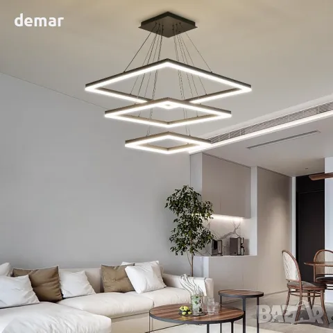 Модерен LED полилей, димируем, 3-слоен квадрат, регулиране на височина, снимка 7 - Полилеи - 48205109
