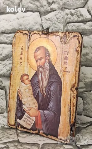 икона на Стилиян Пафлагонийски Детепазител, декупаж 18/13, снимка 4 - Икони - 34281382