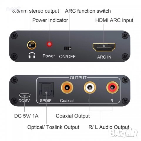 Цифров към аналогов аудио конвертор (DAC) HDMI ARC към AV/RCA,SPDIF,coaxial, снимка 2 - Части и Платки - 31150797