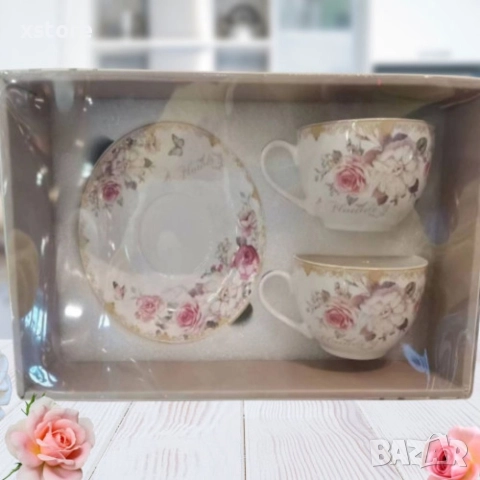 Подаръчен комплект от 2 броя порцеланови чаши за кафе 250ML с 2 чинийки, снимка 3 - Чаши - 52712606
