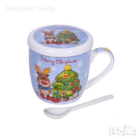 Комплект коледна чаша Mercado Trade, С капак и лъжица, Весела коледа, 350мл., снимка 2 - Чаши - 42924968