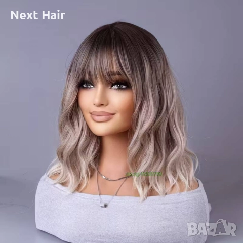 Вълнообразна руса перука с тристепенен омбре ефект и бретон, снимка 5 - Аксесоари за коса - 52897597