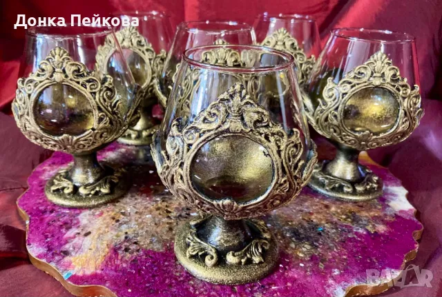Ръчно изработен сервиз за коняк в старинно злато от 6 части, снимка 5 - Чаши - 48657355