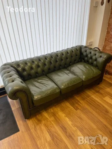 Честърфийлд chesterfield кожен диван тройка 