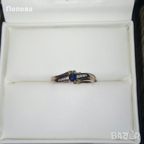 Фирмен златен пръстен с диаманти и сапфир, снимка 3 - Пръстени - 37823739