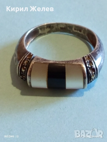 Винтидж сребърен пръстен с инкростация на ОНИКС и СЕДЕФ с марказити отстрани 52823, снимка 7 - Пръстени - 52934015