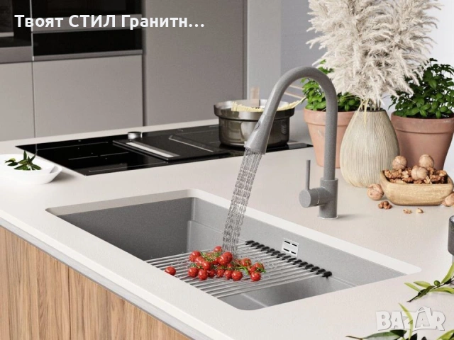 Сива кухненска мивка за вграждане под плот Прага 90 Level 860 x 470 мм, снимка 6 - Мивки - 53995129