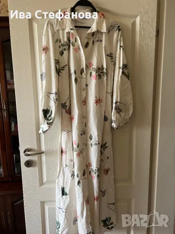 Нова дълга елегантна ежедневна рокля риза бяла рокля флорален принт цветя 100 % памук памучна , снимка 4 - Рокли - 49855432