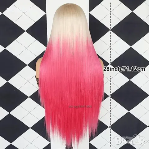 Лейс фонт права руса перука два цвята с розови краища, снимка 3 - Аксесоари за коса - 49577690